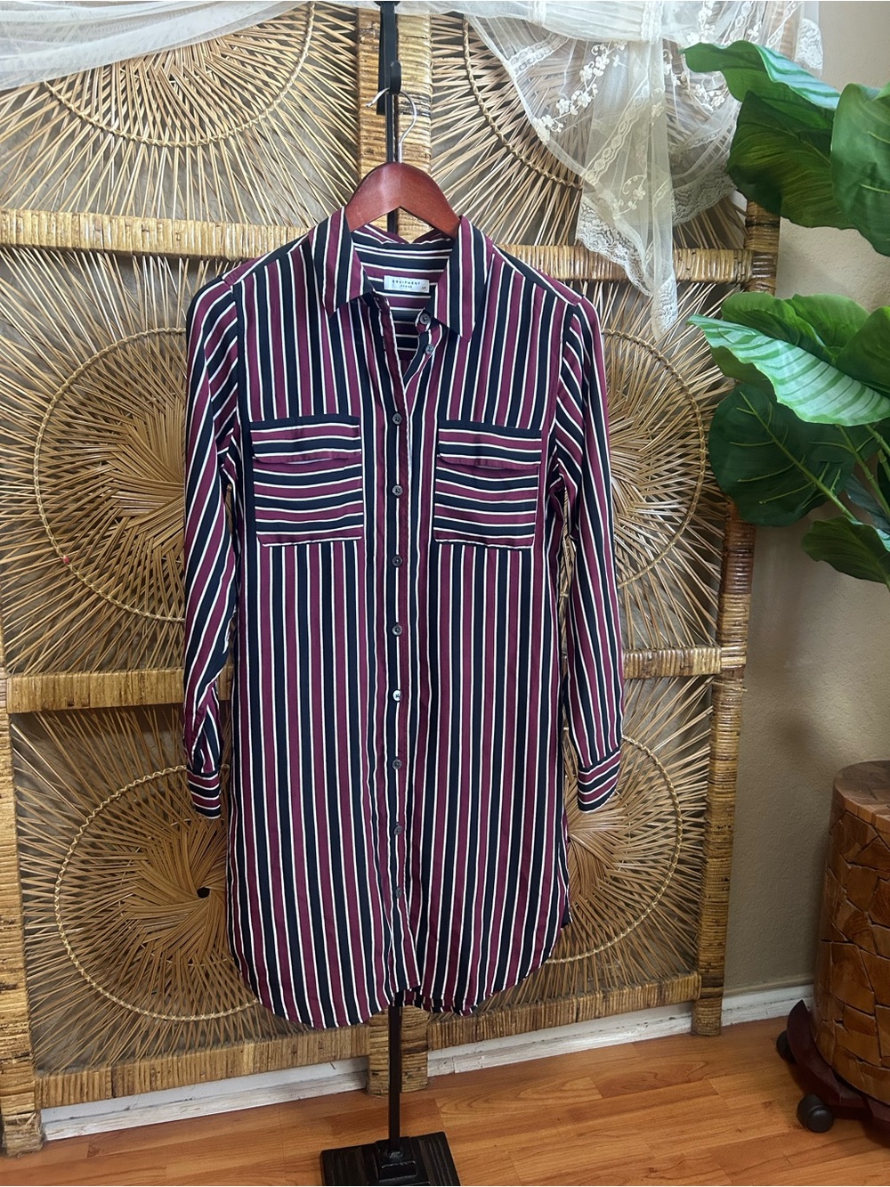 Equipment striped silk striped shirtdress size small burgundy black white